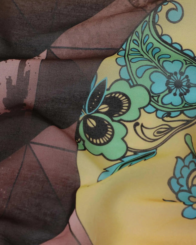 Mustard yellow, sand brown premium 100% cotton voile fabric (Thobe) with multicolor print in floral design-D9146 Regal Fabrics