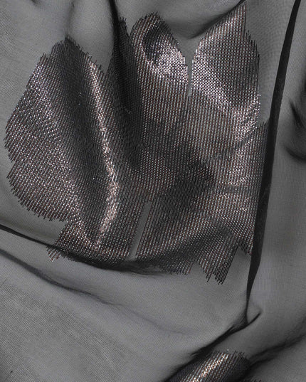 Black Premium pure Italian silk chiffon fabric with copper and silver metallic lurex in floral design-D10797