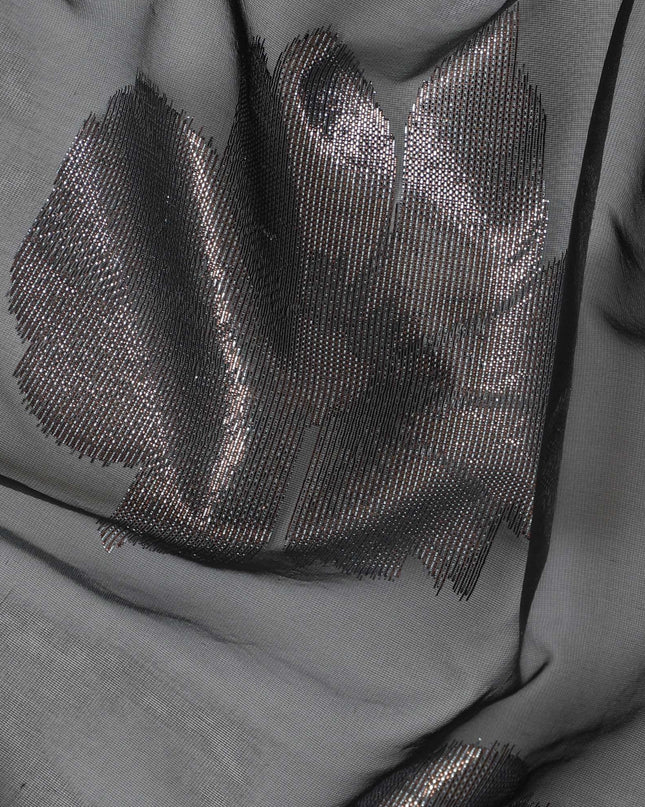 Black Premium pure Italian silk chiffon fabric with copper and silver metallic lurex in floral design-D10797