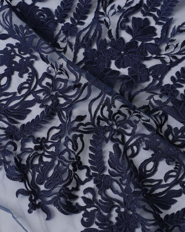 Navy blue nylon tulle fabric with same tone embroidery in floral design-D11746 Regal Fabrics