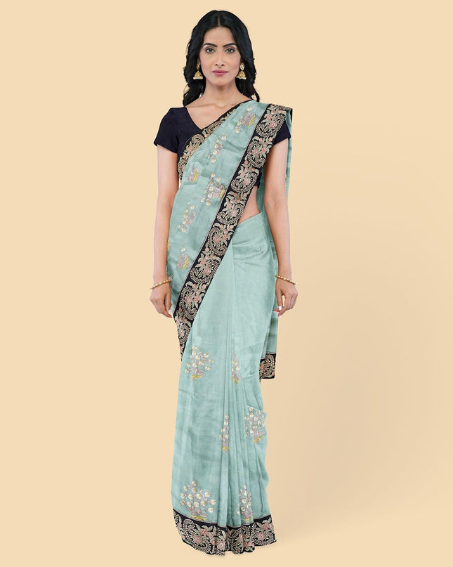 قماش توسر صناعي باللون الأخضر النعناعي مع تطريز متعدد الألوان بتصميم زهور. قطعة بلوزة بنفس اللون-D12744