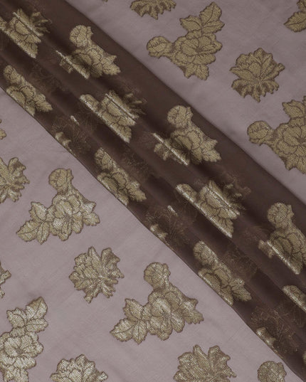 Brown premium pure French (Fransawi) silk chiffon fabric with gold metallic lurex in floral design-D14219