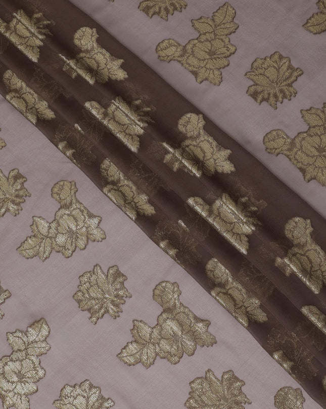 قماش شيفون حريري فرنسي (فرنساوي) فاخر باللون البني مع لوركس معدني ذهبي بتصميم زهور-D14219