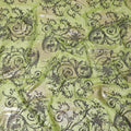 Lime green premium pure silk chiffon fabric with black flock having glitter and gold metallic lurex in floral design-D13717