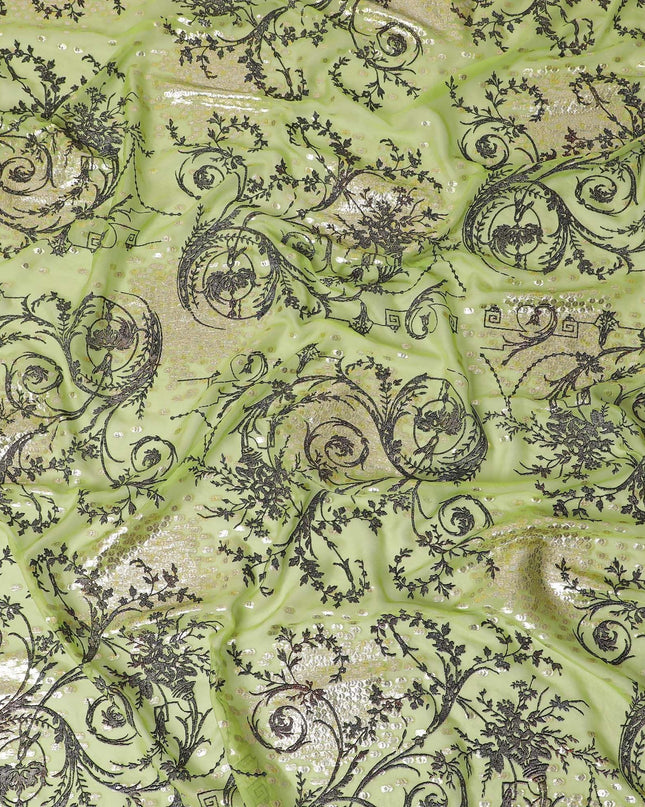 Lime green premium pure silk chiffon fabric with black flock having glitter and gold metallic lurex in floral design-D13717