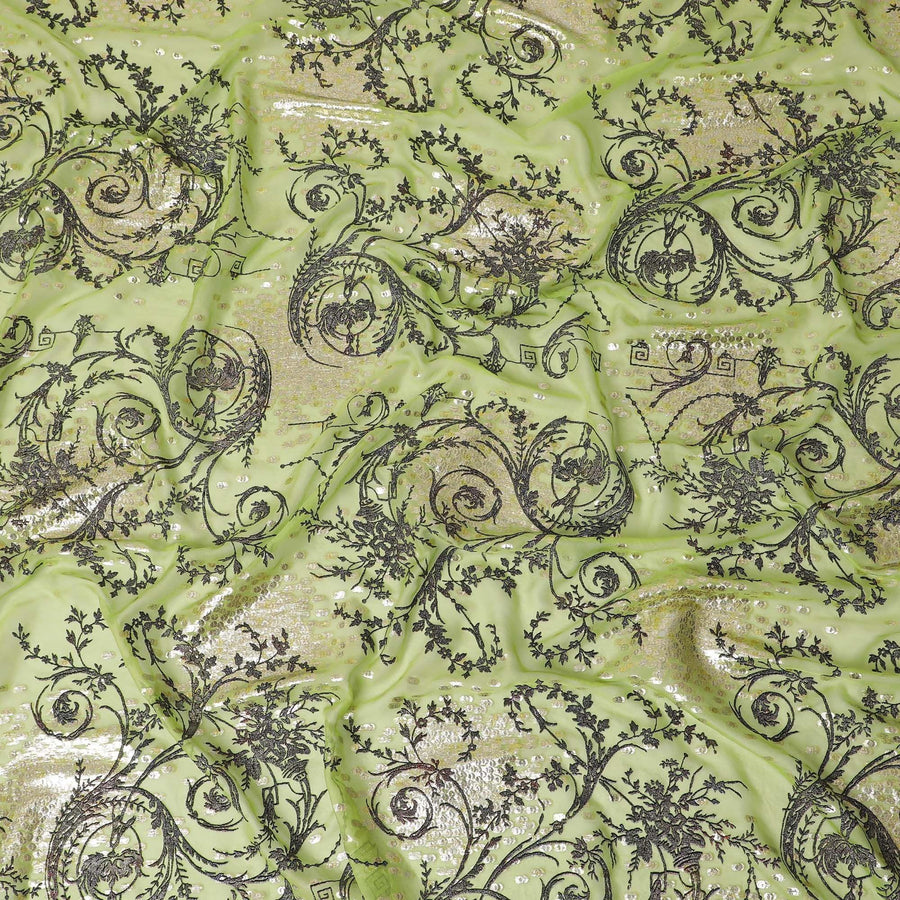 Lime green premium pure silk chiffon fabric with black flock having glitter and gold metallic lurex in floral design-D13717