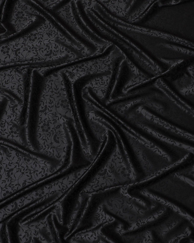 Black synthetic satin fabric with same tone jacquard in floral design-D15373