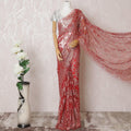 Scarlet red, gold, silver Premium pure French metallic chantilly lace saree having stone work in floral design-D14541