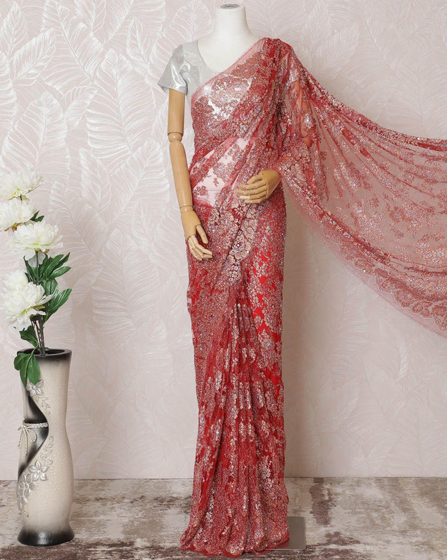 Scarlet red, gold, silver Premium pure French metallic chantilly lace saree having stone work in floral design-D14541