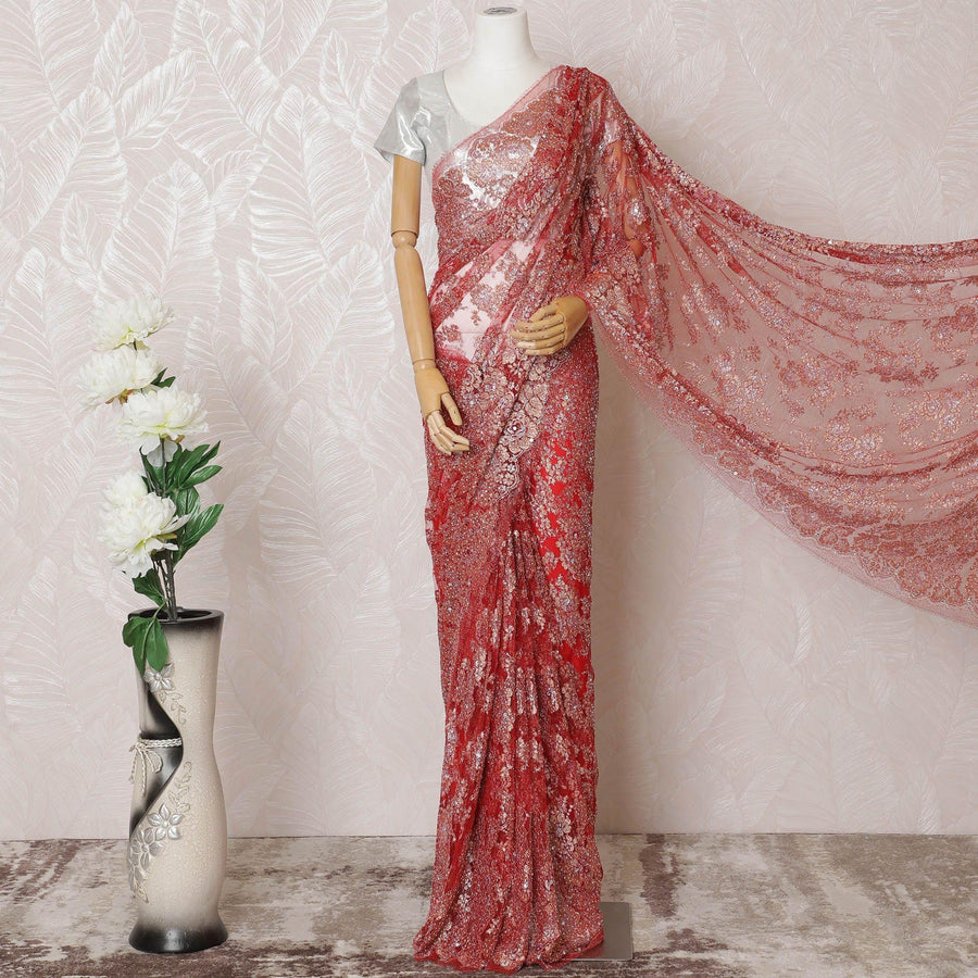 Scarlet red, gold, silver Premium pure French metallic chantilly lace saree having stone work in floral design-D14541