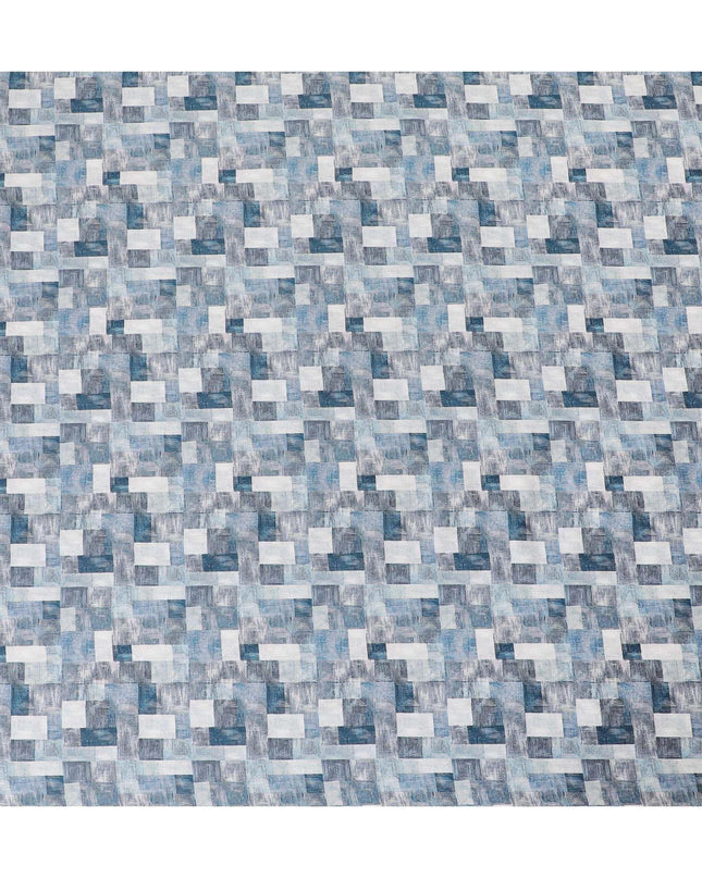 قماش ساتان قطني بيج فاتح مع طباعة باللونين الأسود والأزرق بتصميم تجريدي-D11915