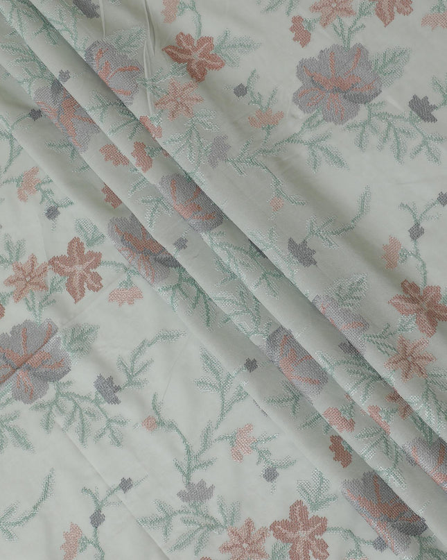 قماش فيستا فوال قطني أخضر بنفس اللون، تطريز رمادي وبني بتصميم زهور-D14477