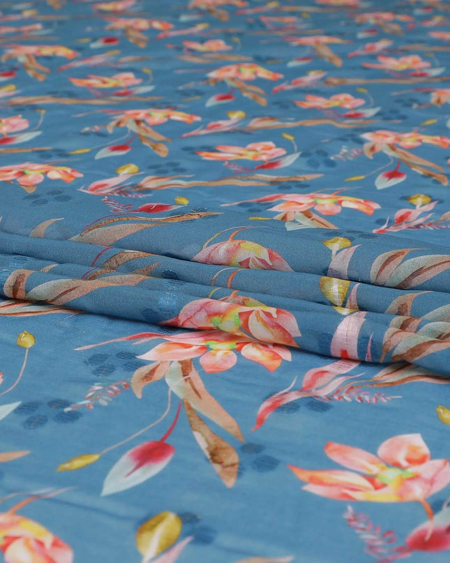 Turkish blue cotton voile fabric with same tone clipcord having multicolor print in floral design-D9061 Regal Fabrics
