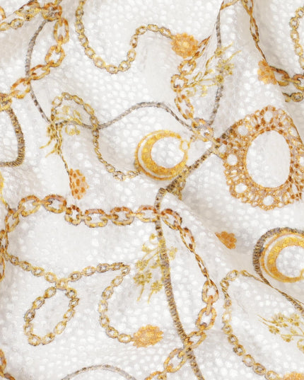 Off white Premium pure Italian silk blended burnout velvet fabric with mustard yellow print in fancy design-D13838