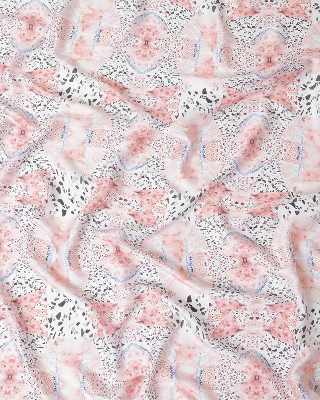 White synthetic satin fabric with multicolor print in abstract design-D10258 Regal Fabrics
