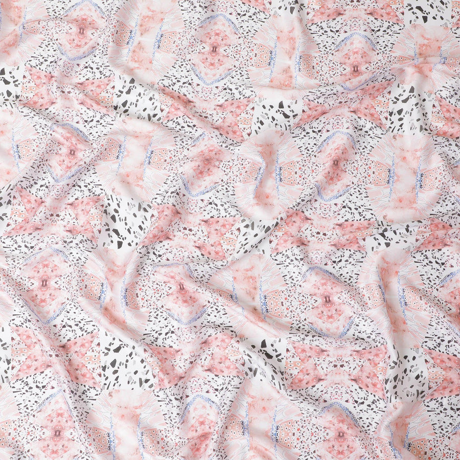 قماش ساتان صناعي أبيض مع طباعة متعددة الألوان بتصميم تجريدي-D10258