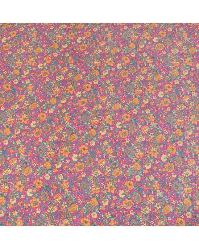 Magenta pink silk crepe fabric with light orange, blue and cream prints in floral design - D9908 Regal Fabrics