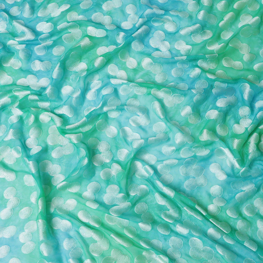 Turquoise green premium pure silk chiffon fabric with multicolor print having silver viscose in dot design-D13118