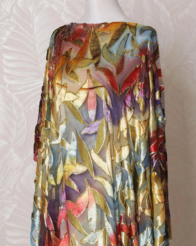 Multicolor Premium pure silk blended velvet makmal dirac fabric with gold metallic lurex in Leaf design-D14872 Regal Fabrics