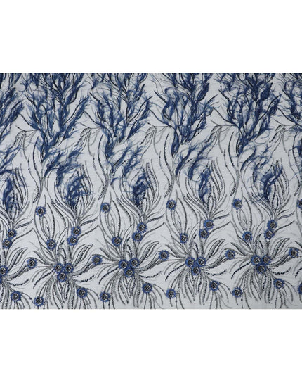 Yale blue nylon tulle fabric with same tone, silver embroidery, feathers having yale blue and navy blue 3d flowers , silver sequins and bead work in floral design