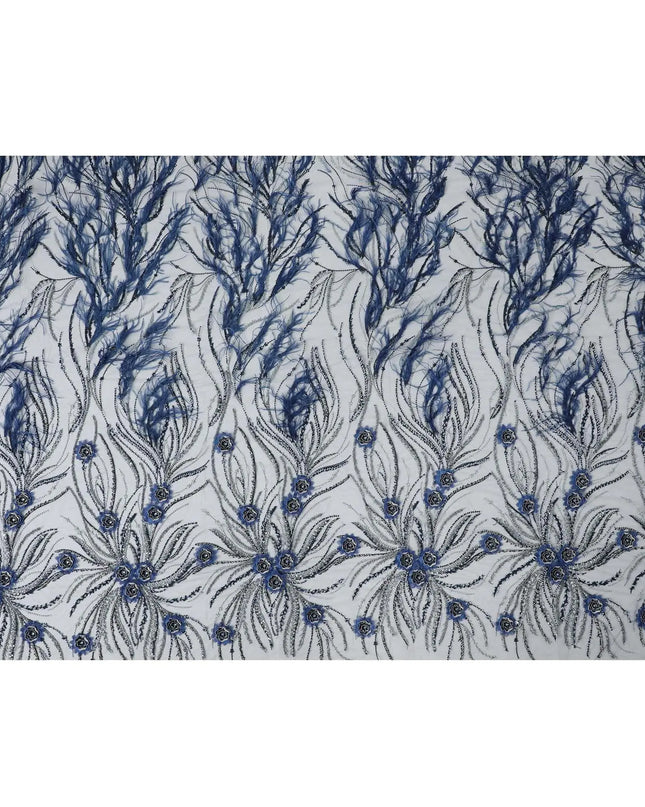 Yale blue nylon tulle fabric with same tone, silver embroidery, feathers having yale blue and navy blue 3d flowers , silver sequins and bead work in floral design Regal Fabrics