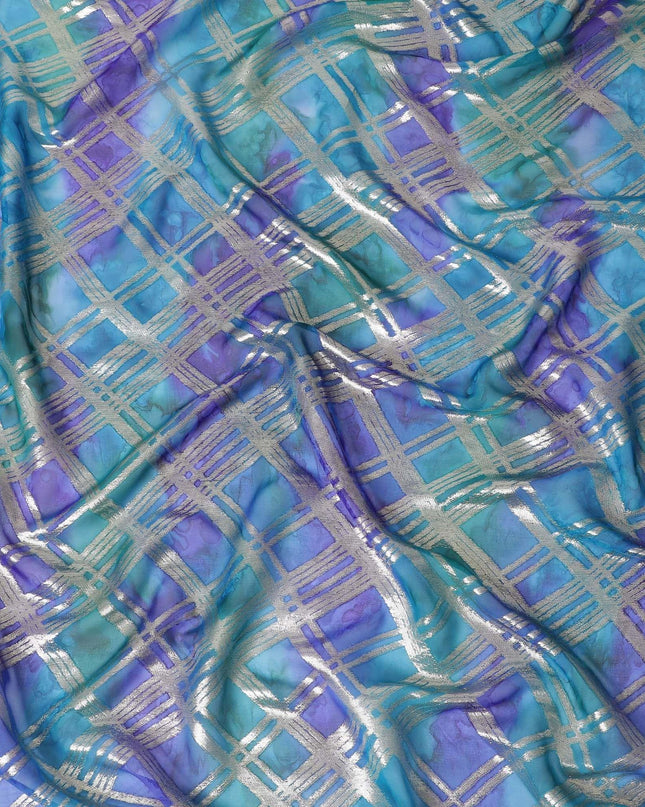 قماش شيفون من الحرير الخالص متعدد الألوان مع لوريكس معدني ذهبي بتصميم مربعات -D11412