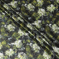 Black synthetic satin fabric with multicolor print in floral design-D14177