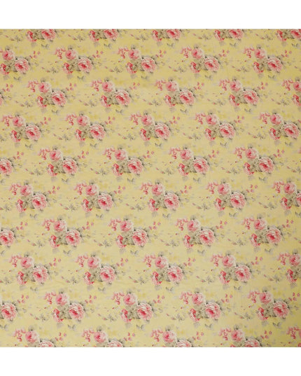 Sunflower yellow viscose fabric with hot pink, pale brown print having gold laminated stone work in floral design-D9262 Regal Fabrics