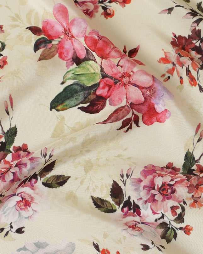 Beige synthetic crepe fabric with multicolor print in floral design-D14458