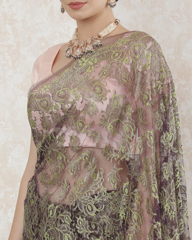 Purple, sage green, gold Premium pure French metallic lace saree in floral design-D14497