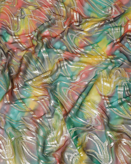 Multicolor Premium pure silk chiffon fabric with gold metallic lurex in abstract design-D14110