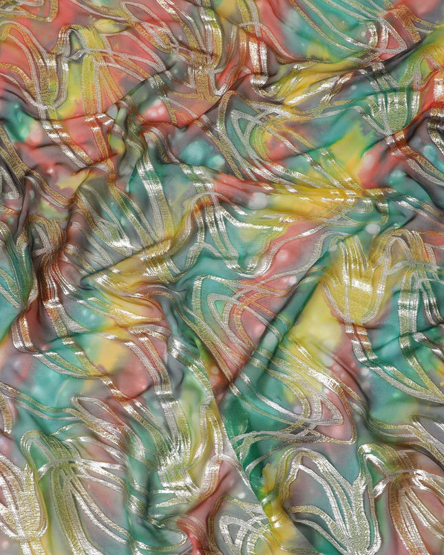 قماش شيفون من الحرير الخالص متعدد الألوان مع لوريكس معدني ذهبي بتصميم تجريدي-D14110