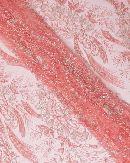 قماش تول من النايلون المرجاني الخوخي مع نفس التطريز والترتر والخرز واللؤلؤ بتصميم الأزهار-D13972