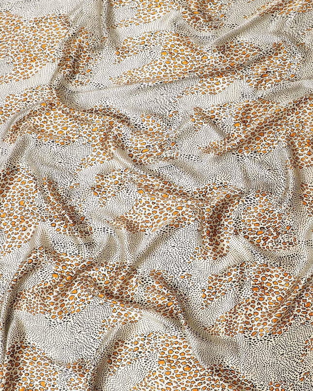 Beige premium 100% Pure silk satin fabric with black and squash orange print in animal skin design-D9293