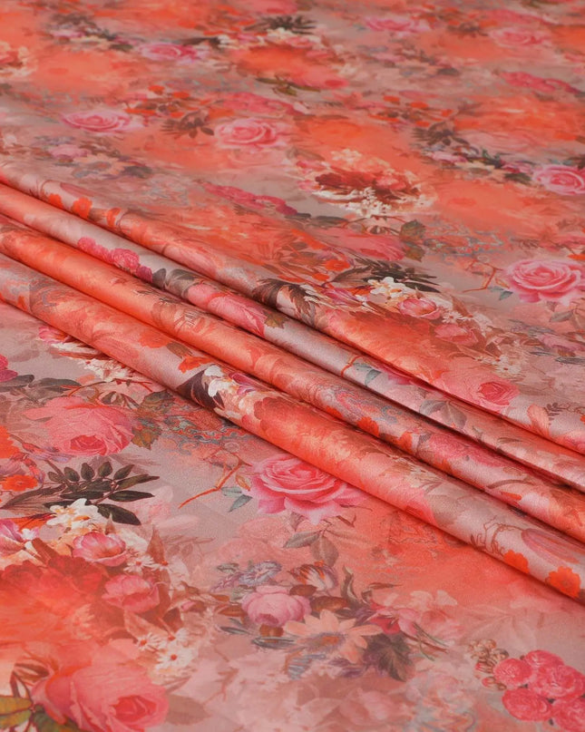Soap Orange blended cotton lawn fabric  with multicolor print in floral design: D-5676 Regal Fabrics