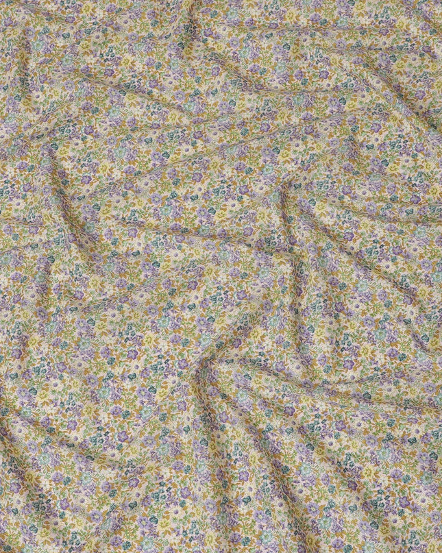 Beige cotton lawn fabric with multicolor print in floral design-D15213