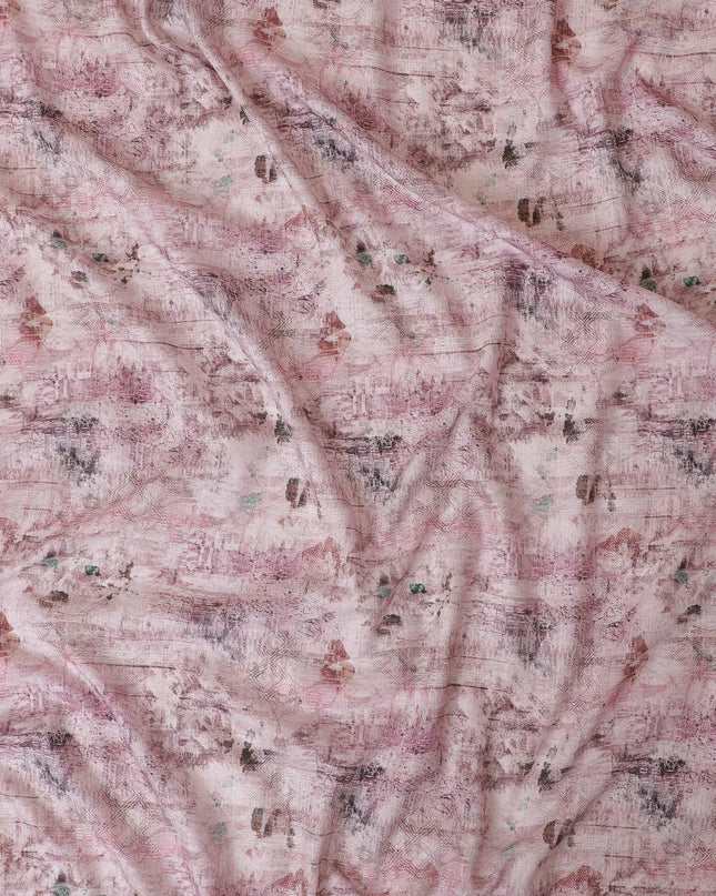 Light pink cotton lawn fabric with same tone and green print in abstract design-D9017