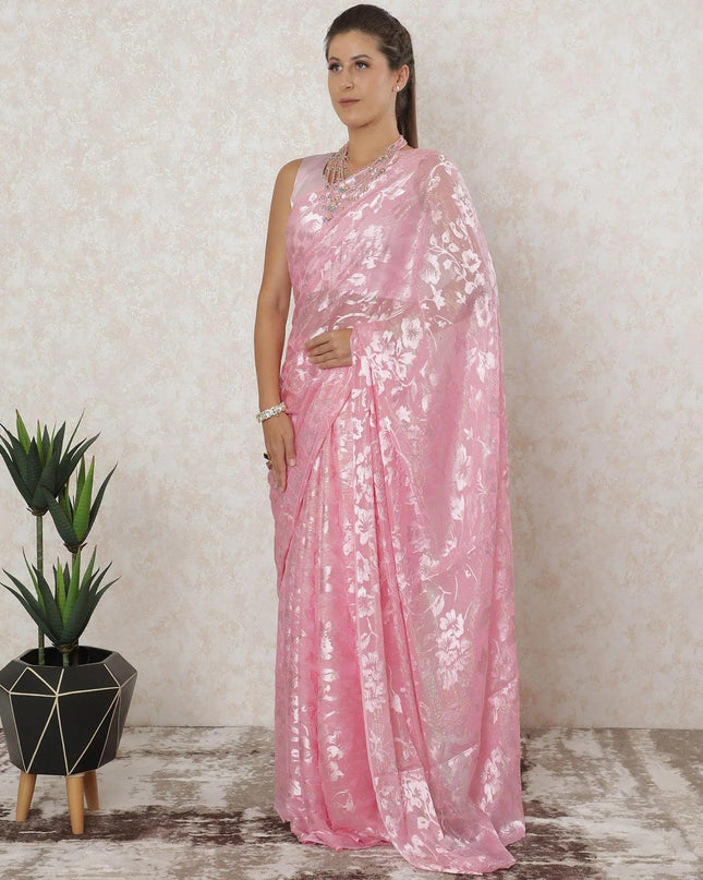 Rouge pink premium pure silk chiffon saree with same tone jacquard having metallic lurex and stone work in floral design-D12591 Regal Fabrics