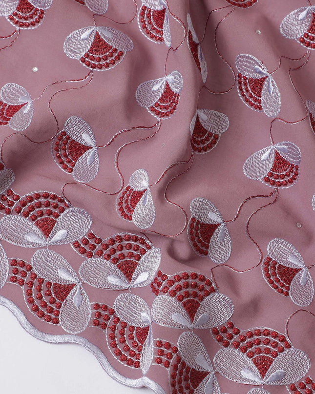 Light mauve Premium Swiss cotton voile thobe with powder blue and crimson red embroidery in Leaf design having stone work-D11624