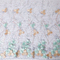 Baby blue nylon tulle fabric with light pink, peach and turquoise blue embroidery having pearl work in floral design-D11731