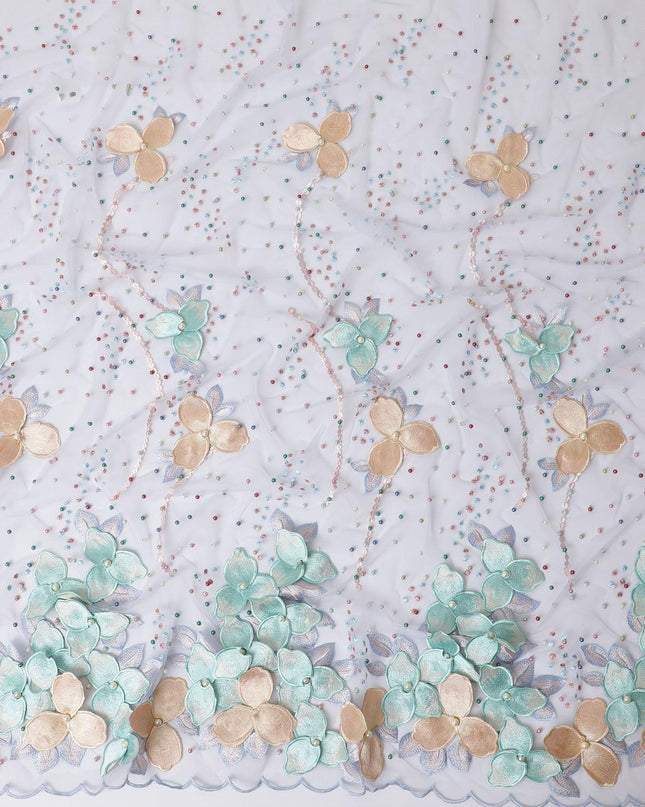 Baby blue nylon tulle fabric with light pink, peach and turquoise blue embroidery having pearl work in floral design-D11731