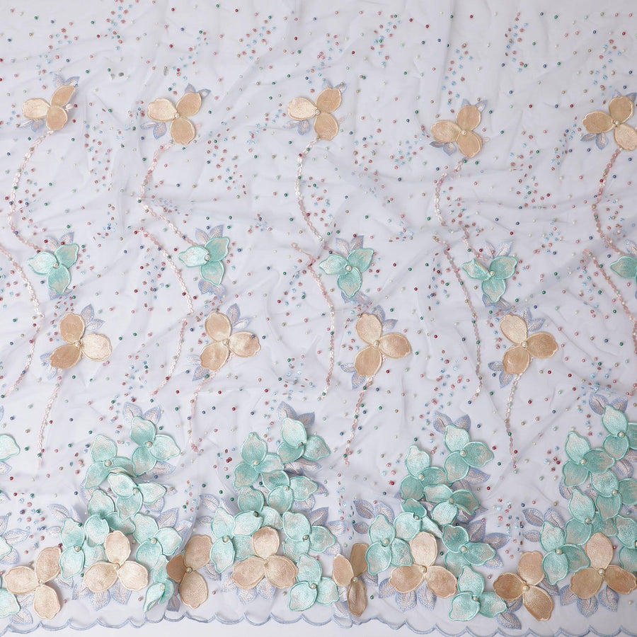 Baby blue nylon tulle fabric with light pink, peach and turquoise blue embroidery having pearl work in floral design-D11731