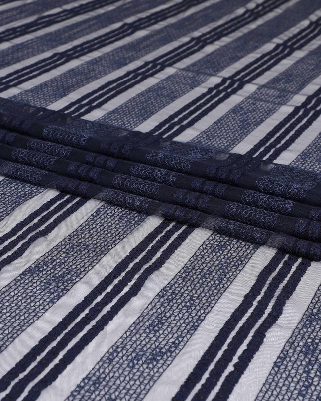 Navy blue nylon tulle fabric with same tone embroidery and sequins in stripe design-D6668 Regal Fabrics