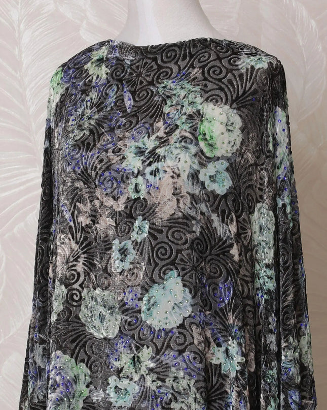 Multicolor Premium pure silk blended velvet makmal dirac fabric having stone work in floral design-D14888 Regal Fabrics