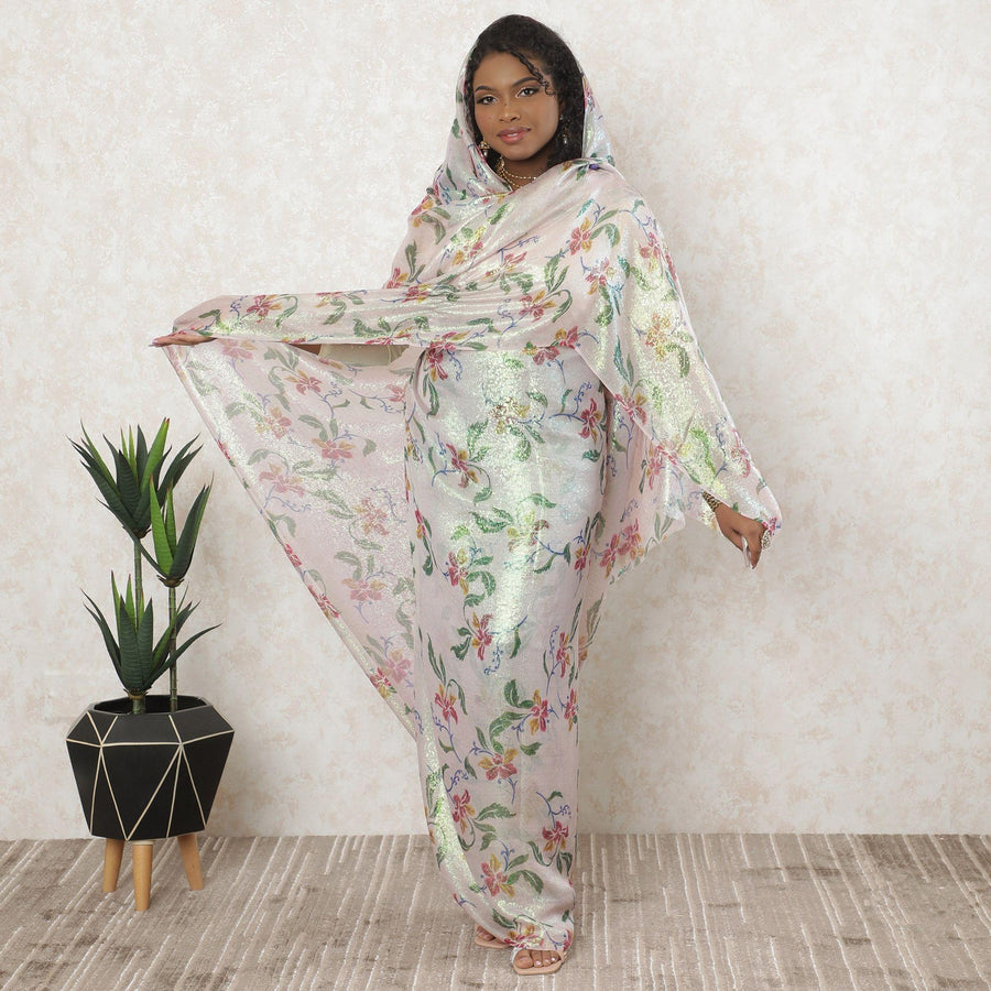 Light rose pink premium pure silk chiffon thobe with multicolor print having neon green metallic lurex in floral design-D11633 Regal Fabrics