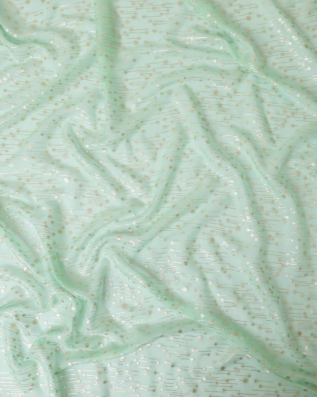 Light Turquoise green premium pure silk chiffon fabric with gold and silver metallic lurex in fancy design-D13231