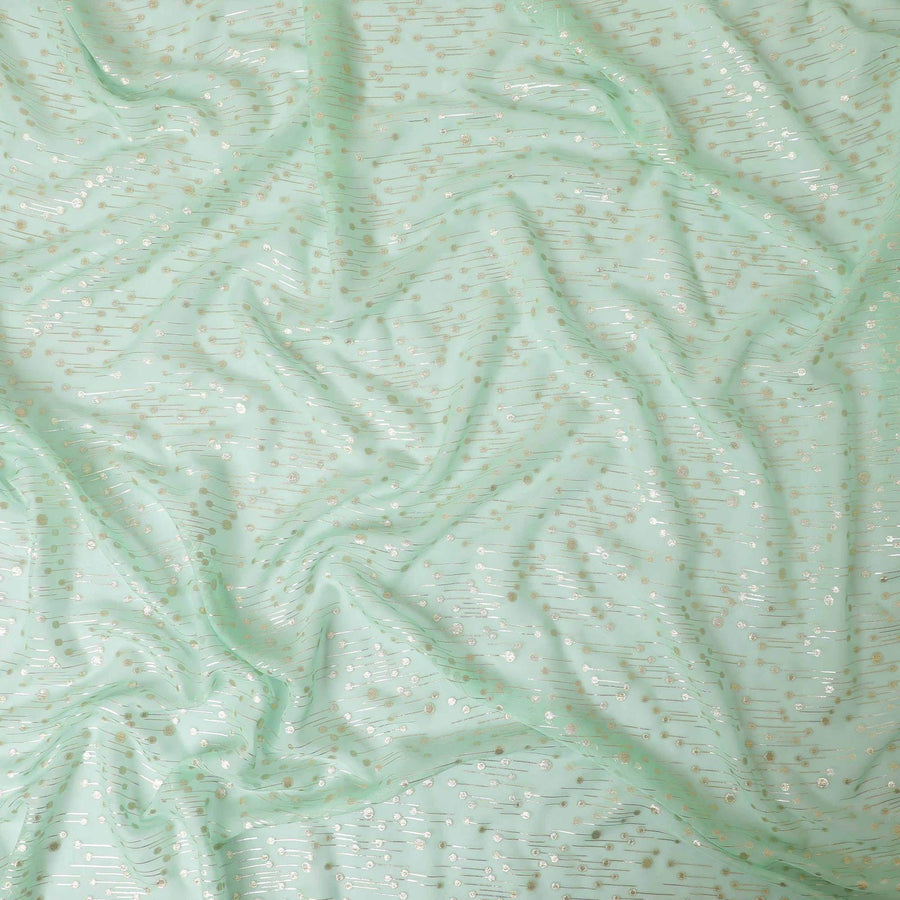 قماش شيفون حريري نقي فاخر باللون الأخضر الفيروزي الفاتح مع لوركس معدني ذهبي وفضي بتصميم فاخر-D13231