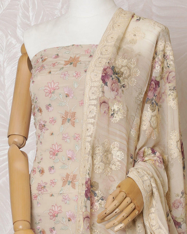 قميص من كريب الحرير الخالص باللون البيج مع تطريز متعدد الألوان بتصميم الأزهار. سلوار بيج عادي بنفس اللون المطرز المطبوع Dupatta-D14994