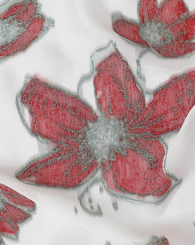 قماش شيفون حريري فرنسي (فرنساوي) فاخر باللون الأبيض الفاتح مع فيسكوز أحمر قرمزي مع زجاجة من اللوريكس المعدني الأخضر بتصميم الأزهار-D14058