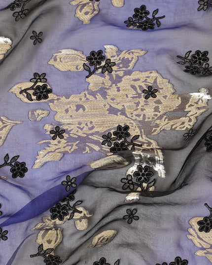 قماش شيفون من الحرير الخالص باللون الأزرق الملكي والأسود مع لوريكس معدني ذهبي به قطيع أسود وبريق بتصميم الأزهار-D8234